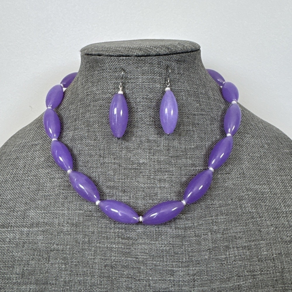 GSJ Bright Lavender Quartz & White Pearl Sterling Silver Earrings&Necklace 20"L